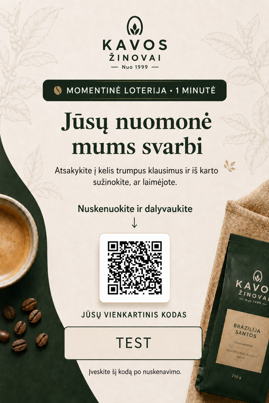 Dizaino pavyzdys: QR kortelė siuntoms — Kava ir gurmaniški produktai