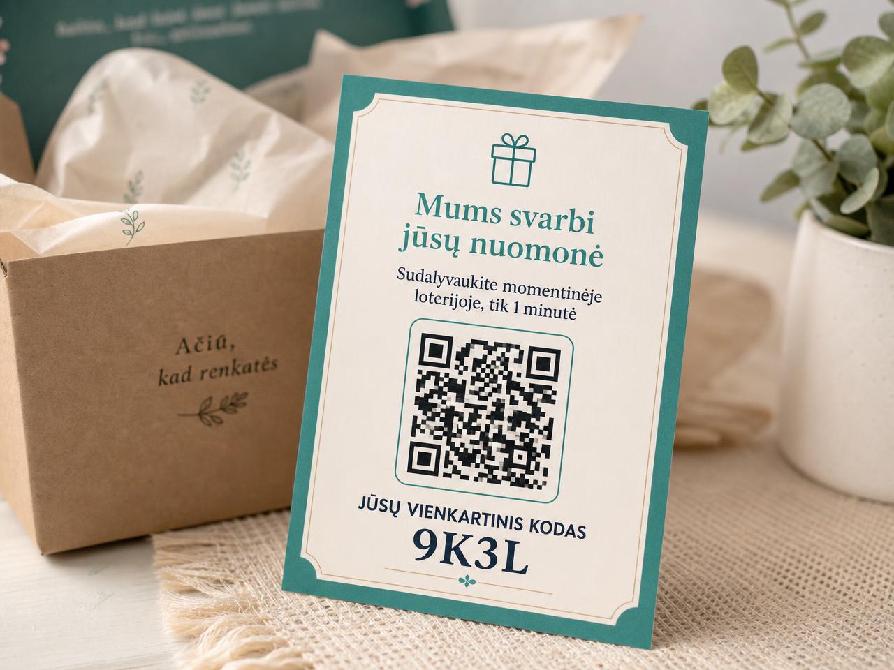 Klientė skenuoja premium QR kortelę prie ką tik atidarytos siuntos